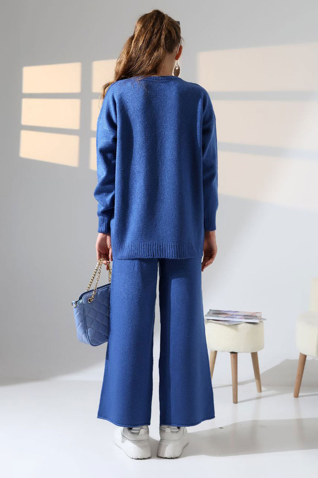 Blue Bicycle Collar Sweater and Wide Leg Pants Top Bottom Knit Set BCES-252005 - Bilbao