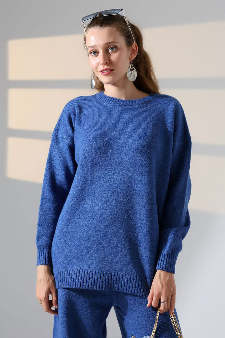 Blue Bicycle Collar Sweater and Wide Leg Pants Top Bottom Knit Set BCES-252005 - Bilbao