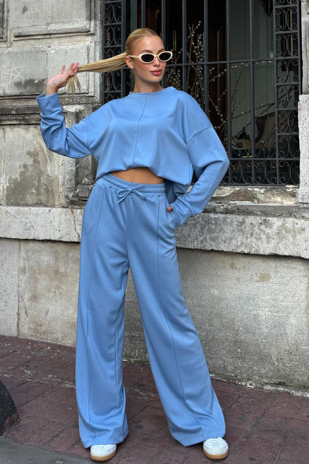 Blue Bicycle Collar Slit Detailed Blouse and Comfortable Fit Pants Modal Top Set BCVL-25V215 - Mülheim