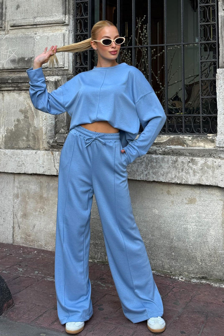Blue Bicycle Collar Slit Detailed Blouse and Comfortable Fit Pants Modal Top Set BCVL-25V215 - Mülheim