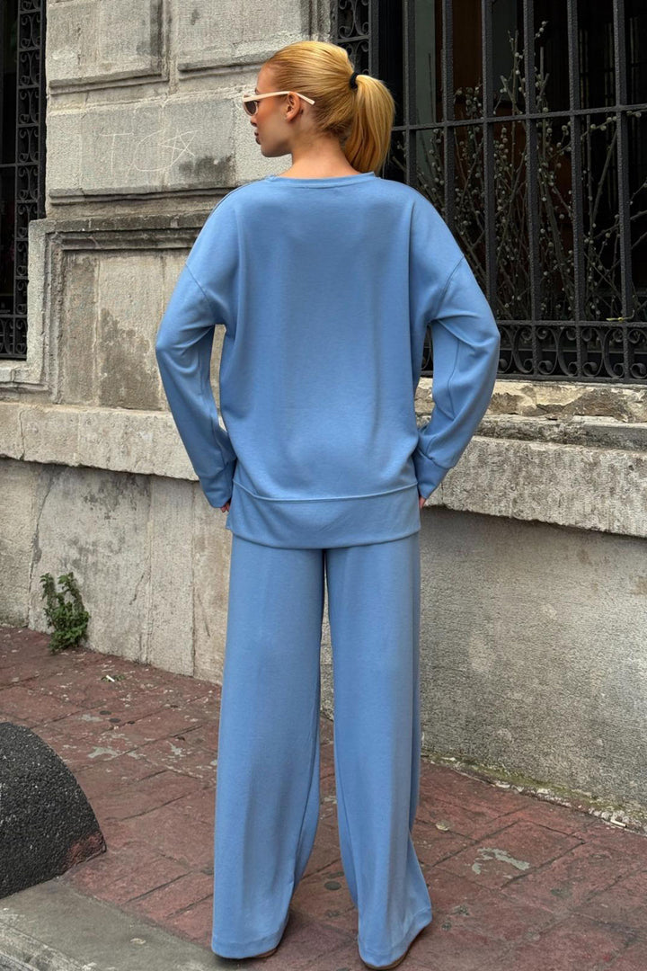 Blue Bicycle Collar Slit Detailed Blouse and Comfortable Fit Pants Modal Top Set BCVL-25V215 - Mülheim