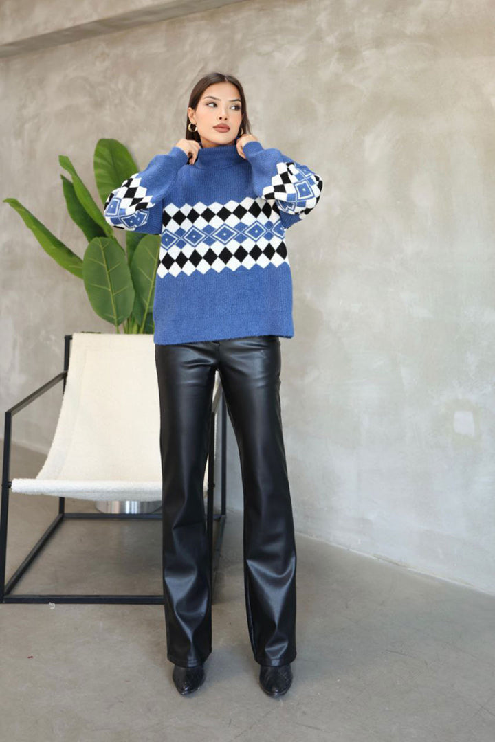 Blue Turtleneck Sweater with Striped Pattern BCES-252010 - North Vancouver