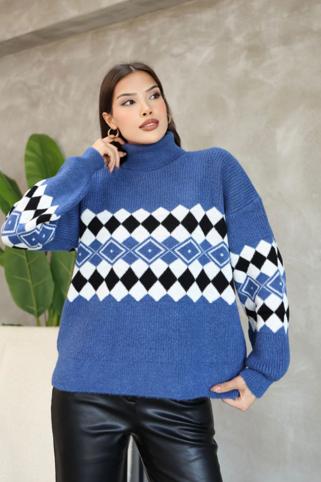 Blue Turtleneck Sweater with Striped Pattern BCES-252010 - North Vancouver