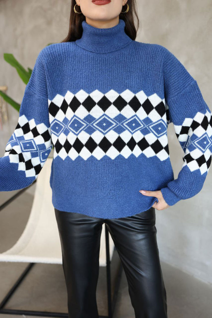 Blue Turtleneck Sweater with Striped Pattern BCES-252010 - North Vancouver