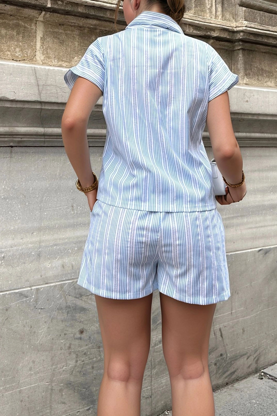 Blue Jacket Collar Striped Pocketed Elastic Waist Shirt Shorts Set BCBSK-25700-3625 - Joliet