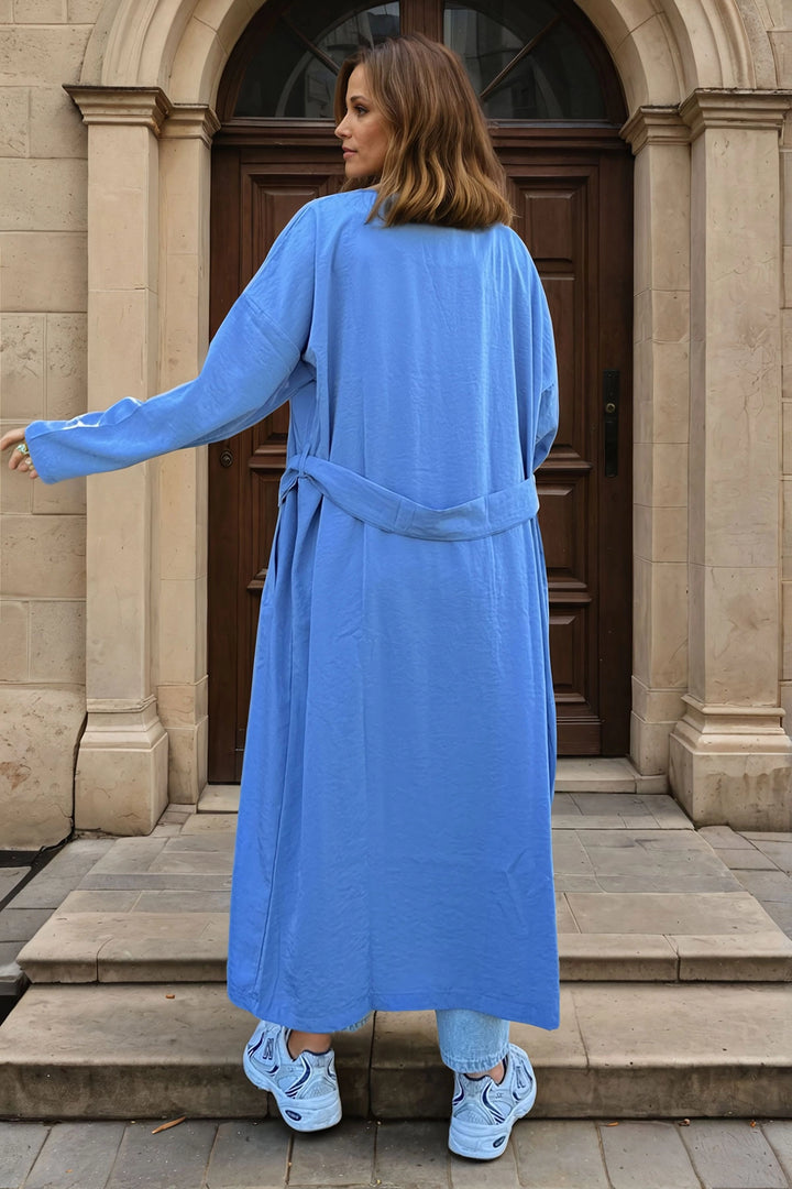 Blue Jacket Collared Buttoned Pocketed Belted Loose Thin Trench Coat BCBSK-25700-3335 - Terneuzen