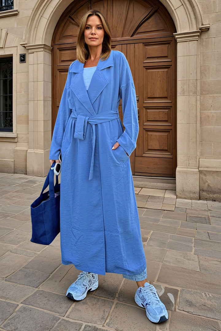 Blue Jacket Collared Buttoned Pocketed Belted Loose Thin Trench Coat BCBSK-25700-3335 - Terneuzen
