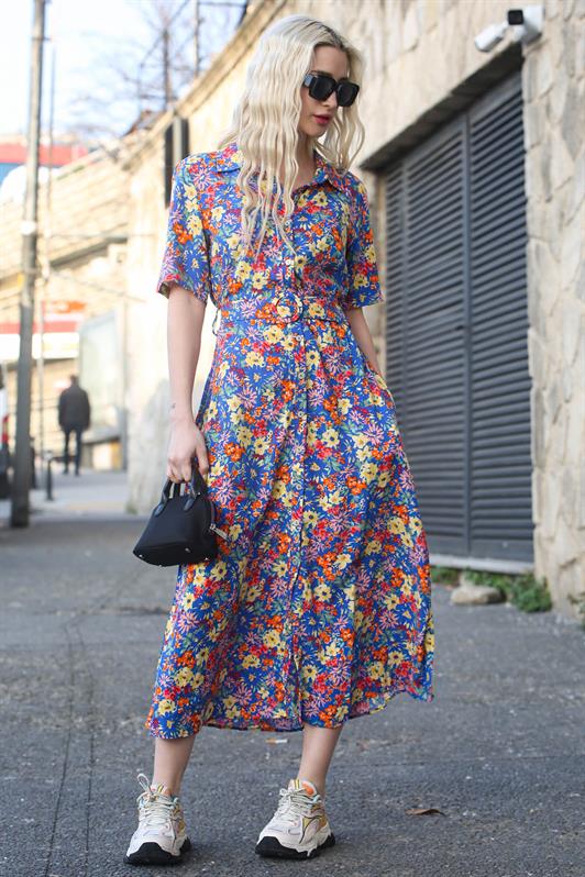 MDX Blue Flower Patterned Shirt Collar Midi Dress MG1821 - St. Charles