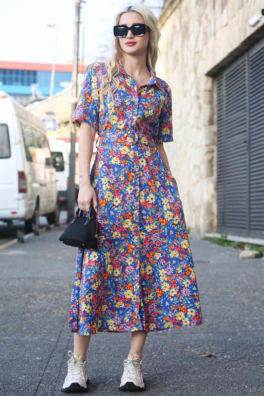 MDX Blue Flower Patterned Shirt Collar Midi Dress MG1821 - St. Charles