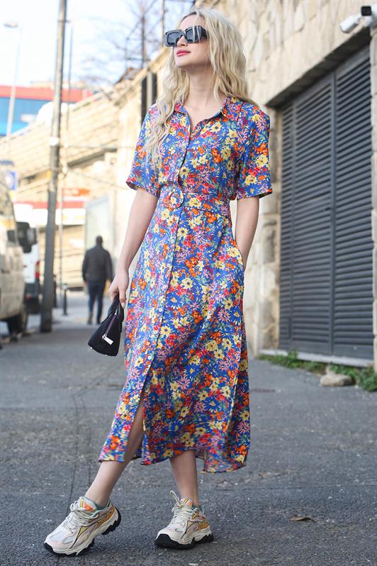 MDX Blue Flower Patterned Shirt Collar Midi Dress MG1821 - St. Charles