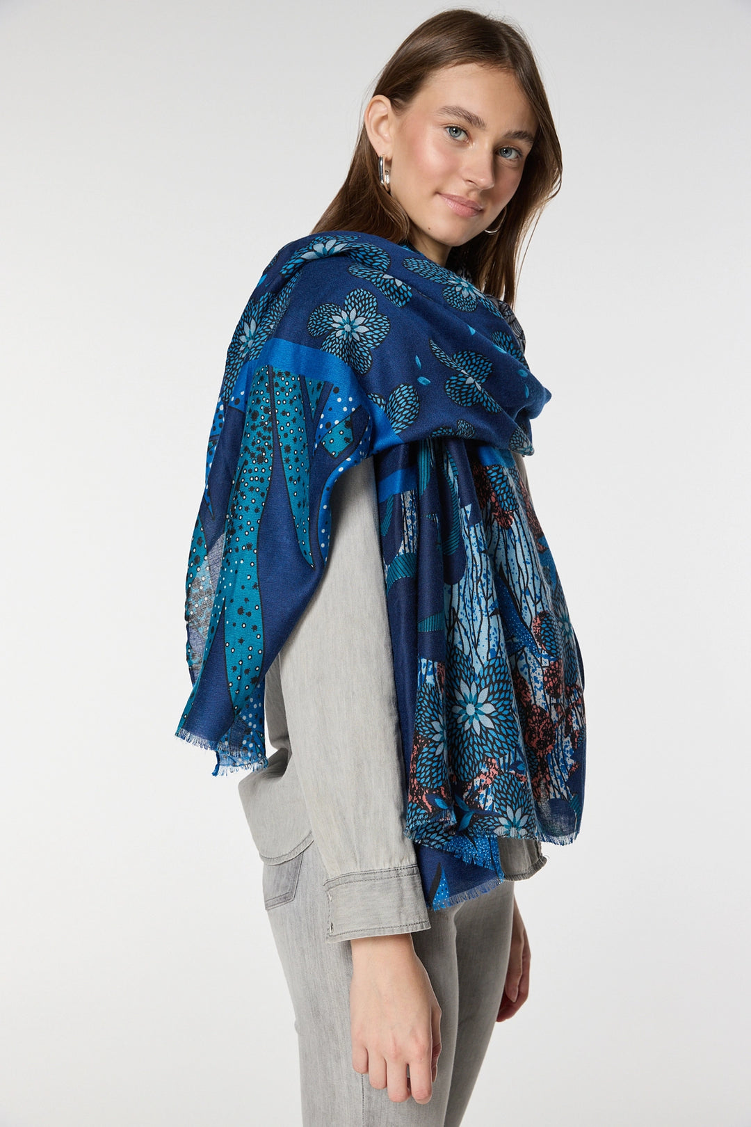 Blue Flower Patterned Shawl BCNSV-2515077 - Lviv
