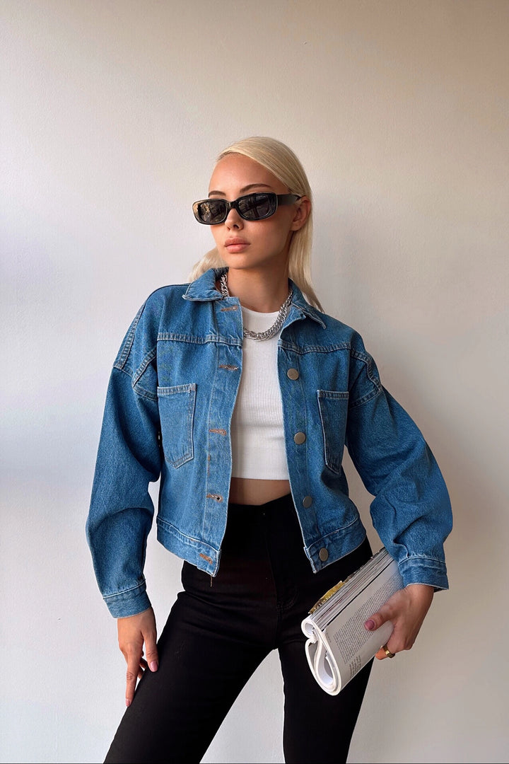 Blue Double Pocket Crop Washed Denim Jacket BCDF-235401 - Villejuif
