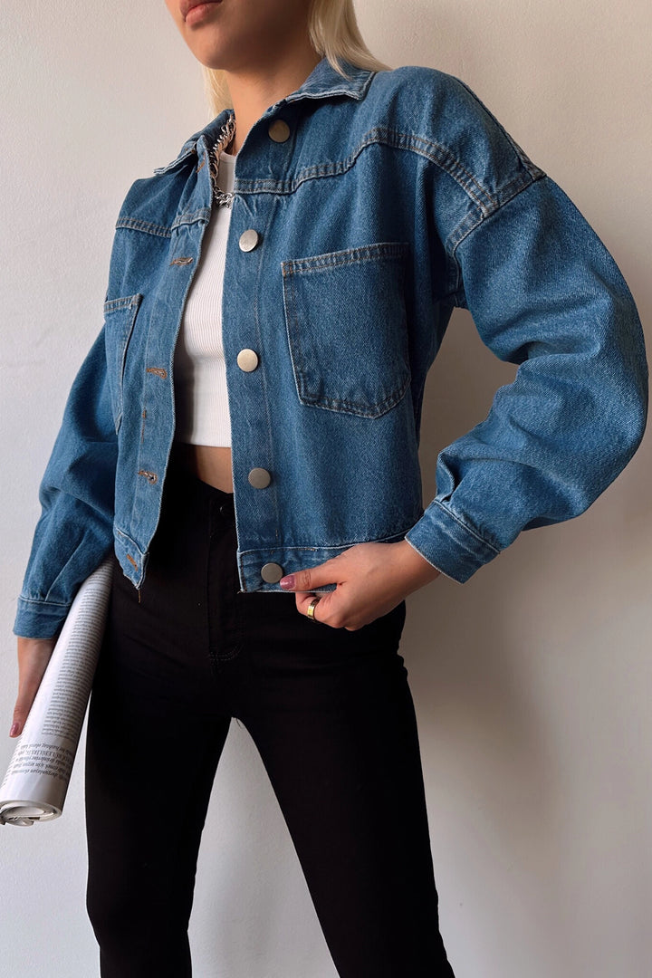 Blue Double Pocket Crop Washed Denim Jacket BCDF-235401 - Villejuif