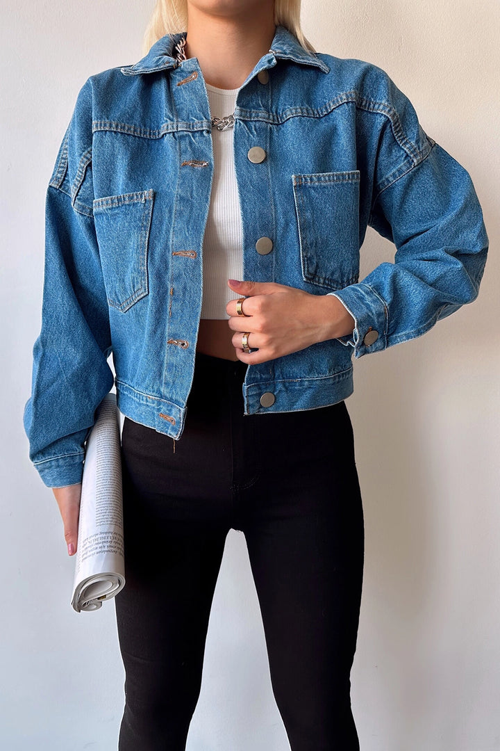 Blue Double Pocket Crop Washed Denim Jacket BCDF-235401 - Villejuif