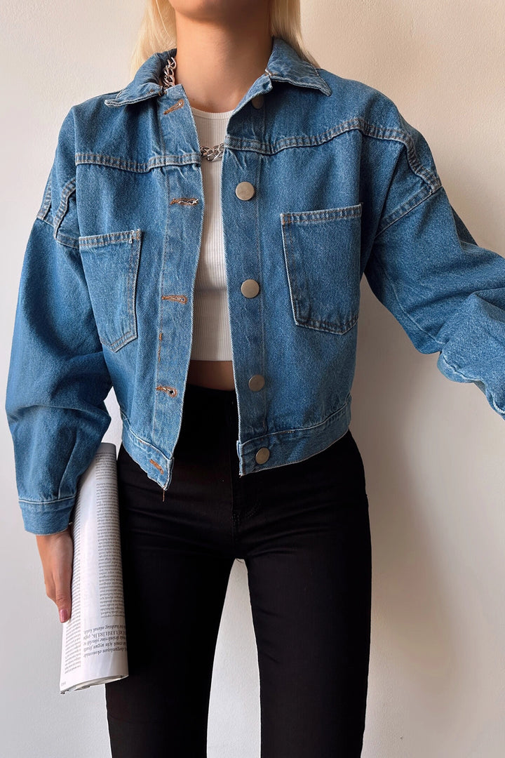 Blue Double Pocket Crop Washed Denim Jacket BCDF-235401 - Villejuif