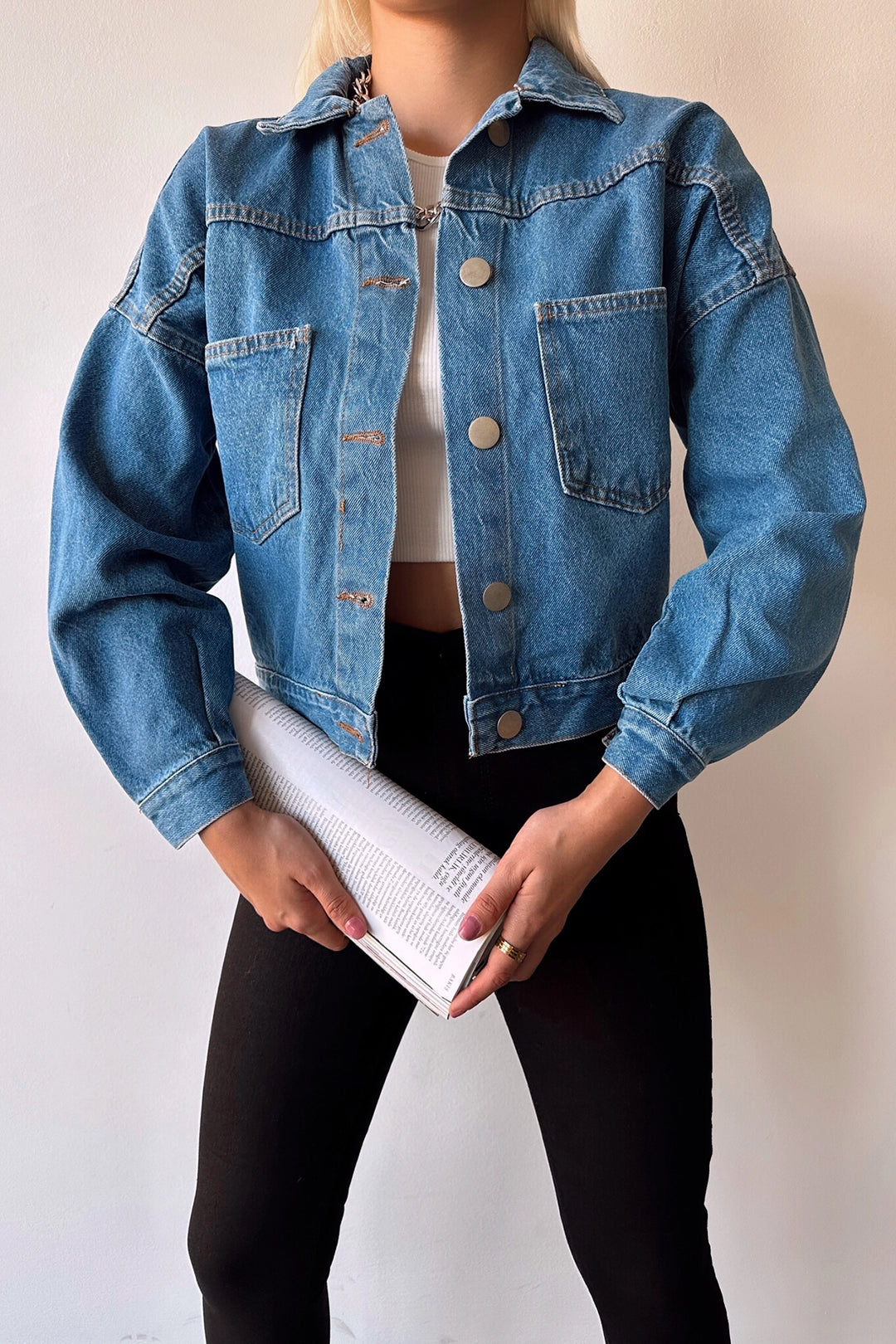 Blue Double Pocket Crop Washed Denim Jacket BCDF-235401 - Villejuif
