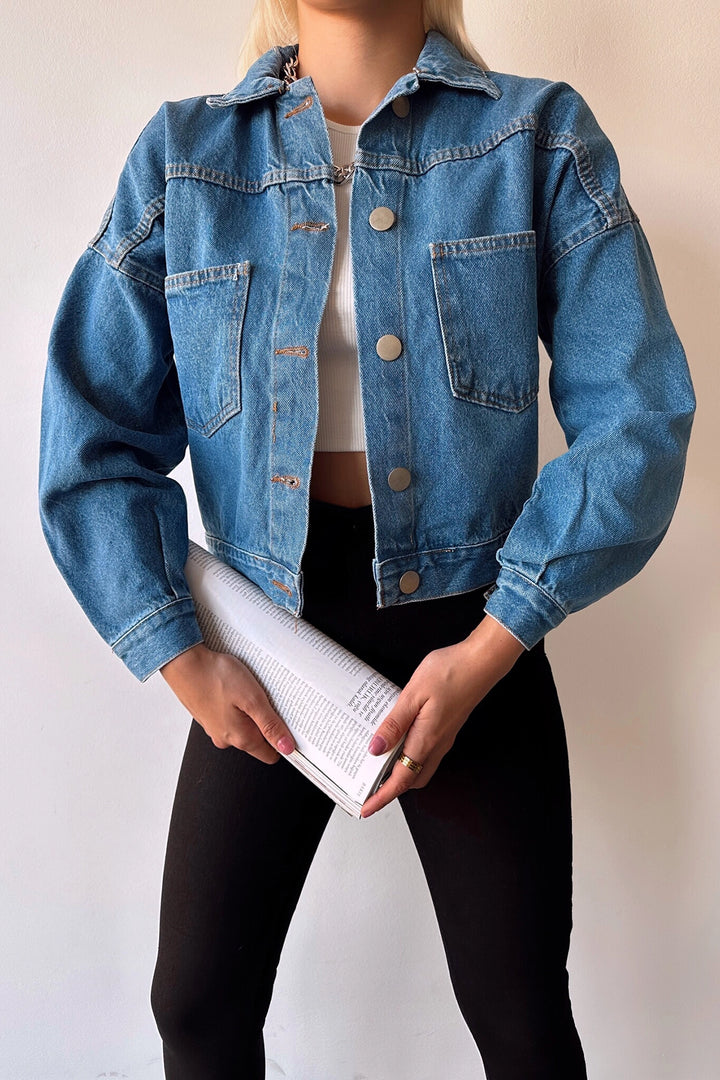 Blue Double Pocket Crop Washed Denim Jacket BCDF-235401 - Villejuif