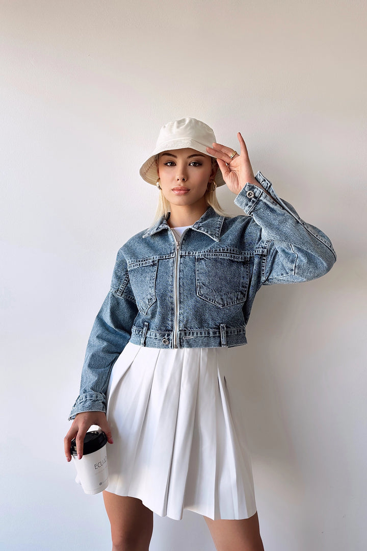 Blue Double Pocket Zippered Washed Crop Denim Jacket BCDF-235410 - Escondido