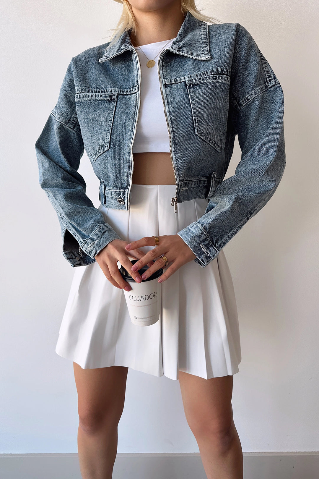 Blue Double Pocket Zippered Washed Crop Denim Jacket BCDF-235410 - Escondido