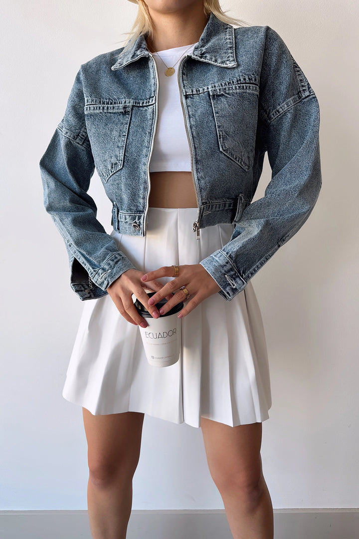 Blue Double Pocket Zippered Washed Crop Denim Jacket BCDF-235410 - Escondido