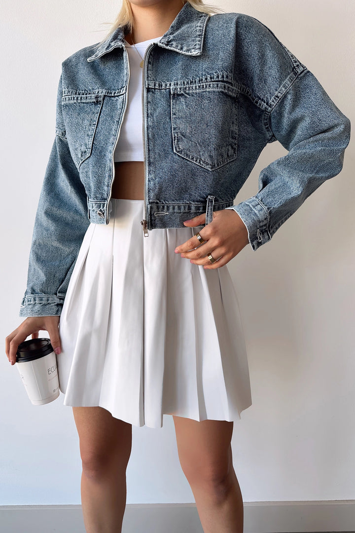 Blue Double Pocket Zippered Washed Crop Denim Jacket BCDF-235410 - Escondido
