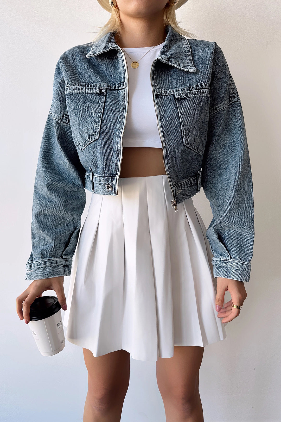 Blue Double Pocket Zippered Washed Crop Denim Jacket BCDF-235410 - Escondido