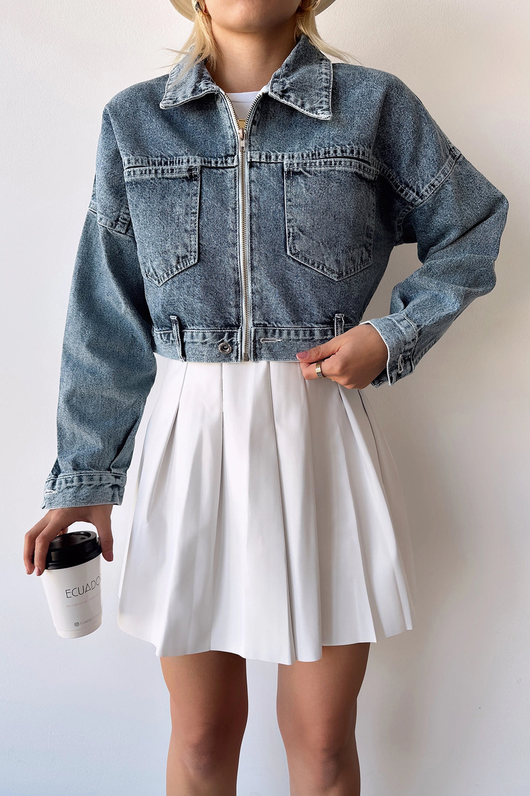 Blue Double Pocket Zippered Washed Crop Denim Jacket BCDF-235410 - Escondido