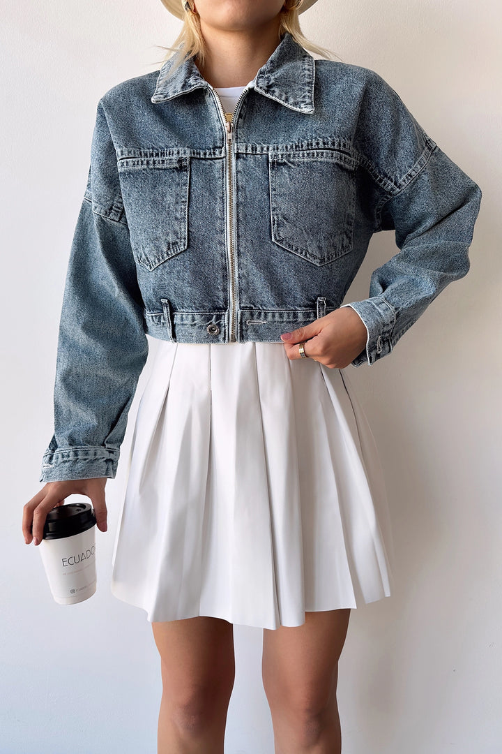 Blue Double Pocket Zippered Washed Crop Denim Jacket BCDF-235410 - Escondido