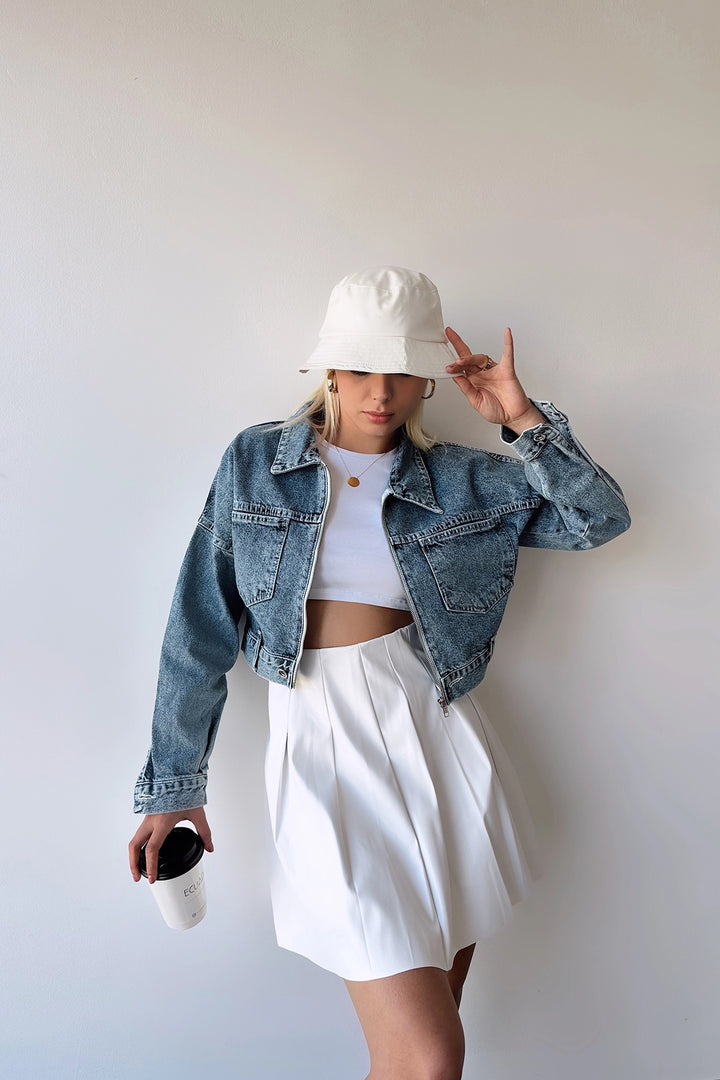 Blue Double Pocket Zippered Washed Crop Denim Jacket BCDF-235410 - Escondido