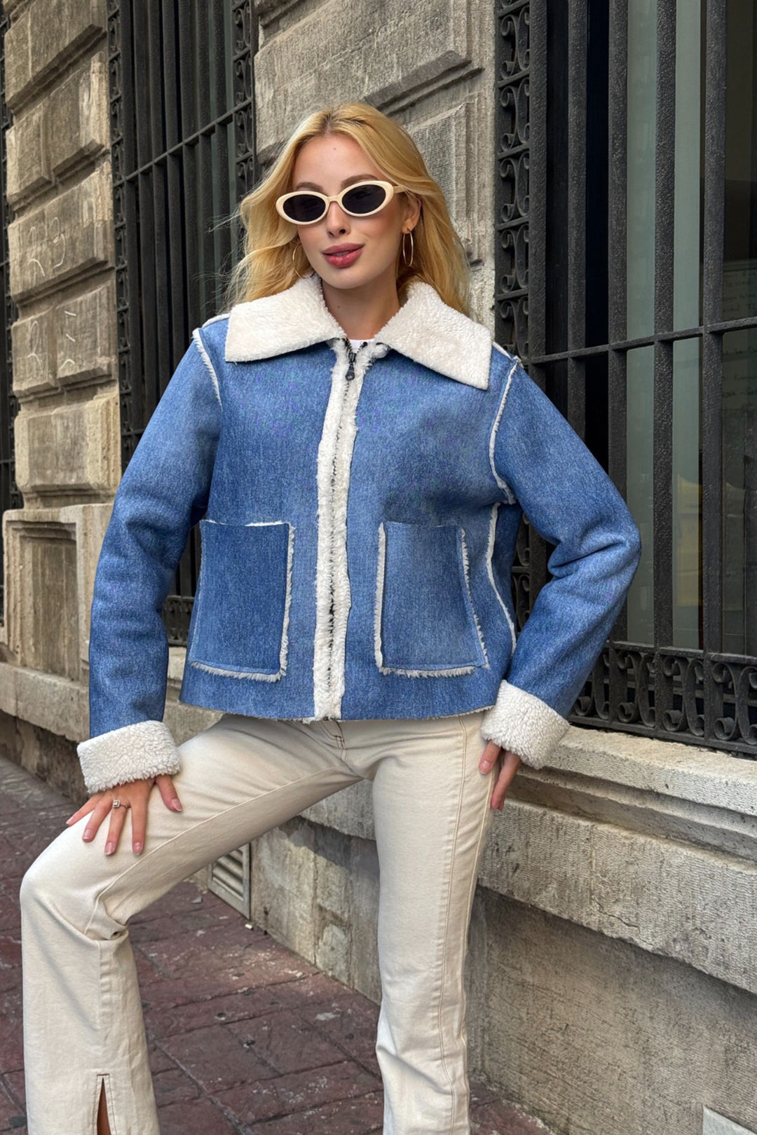 Blue Double Pocket Faux Fur Lined Biker Jacket - Schaumburg