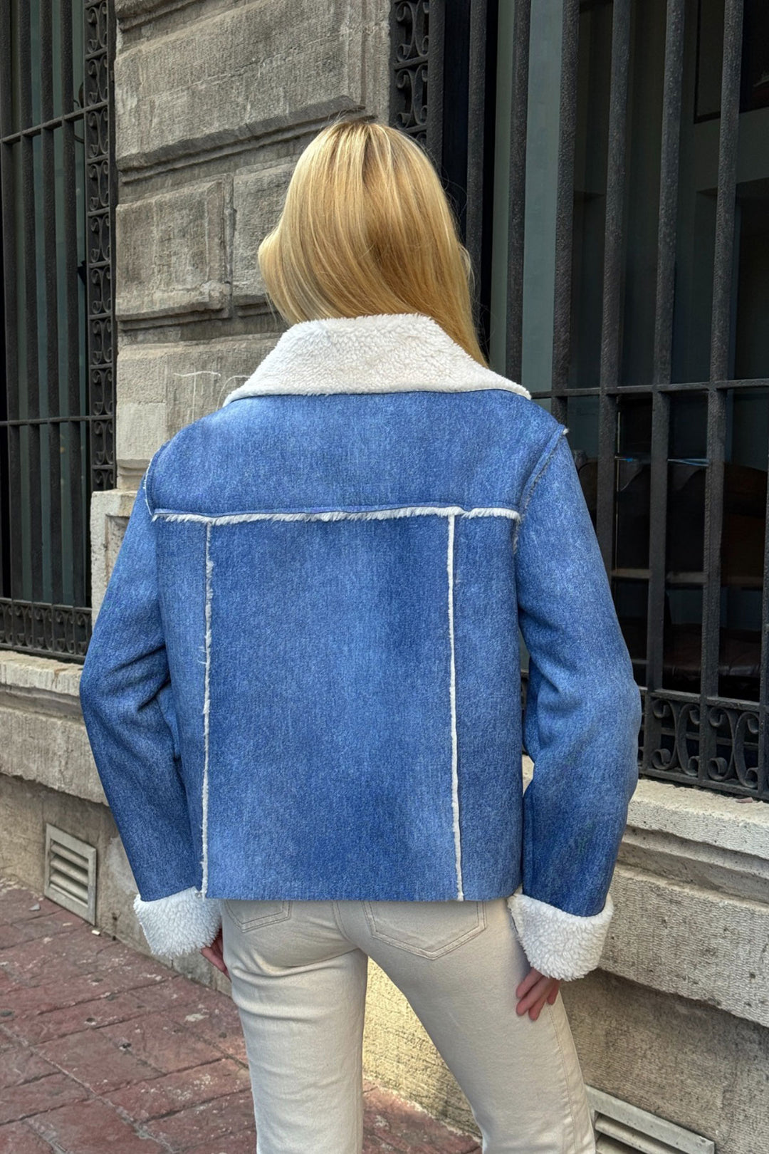 Blue Double Pocket Faux Fur Lined Biker Jacket - Schaumburg