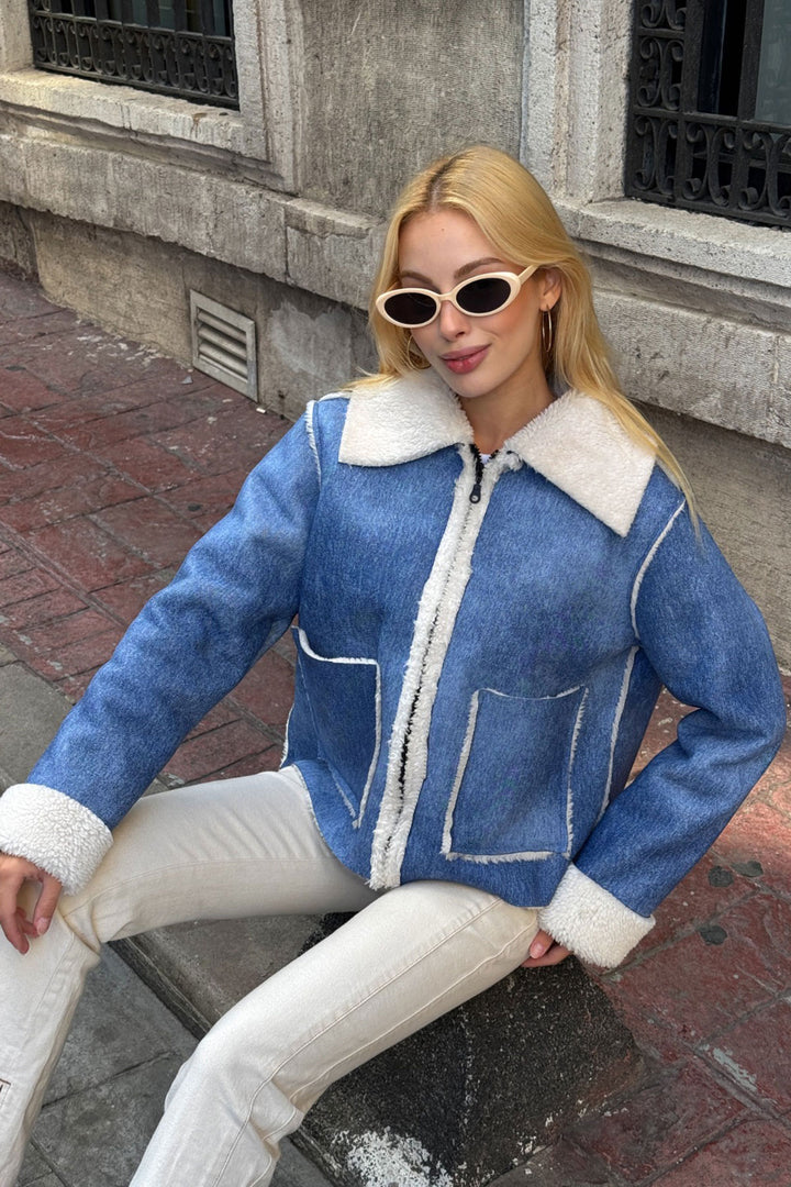 Blue Double Pocket Faux Fur Lined Biker Jacket - Schaumburg