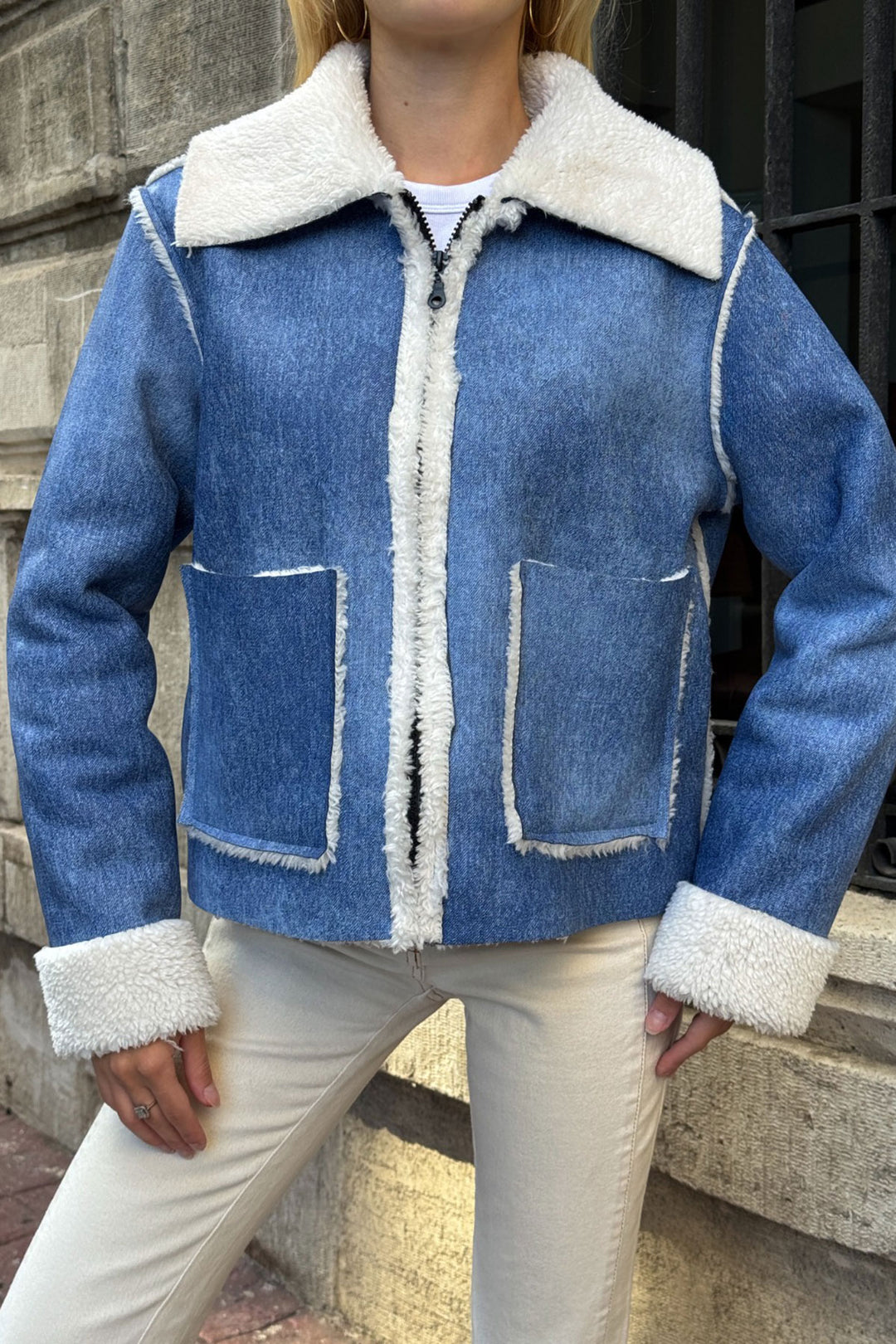 Blue Double Pocket Faux Fur Lined Biker Jacket - Schaumburg
