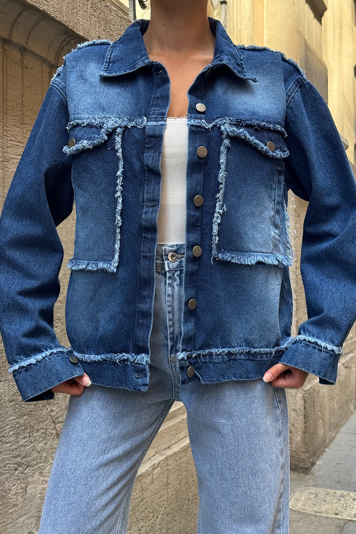 Blue Double Pocket Fringed Distressed Denim Jacket BCHESQ-251151 - Amersfoort