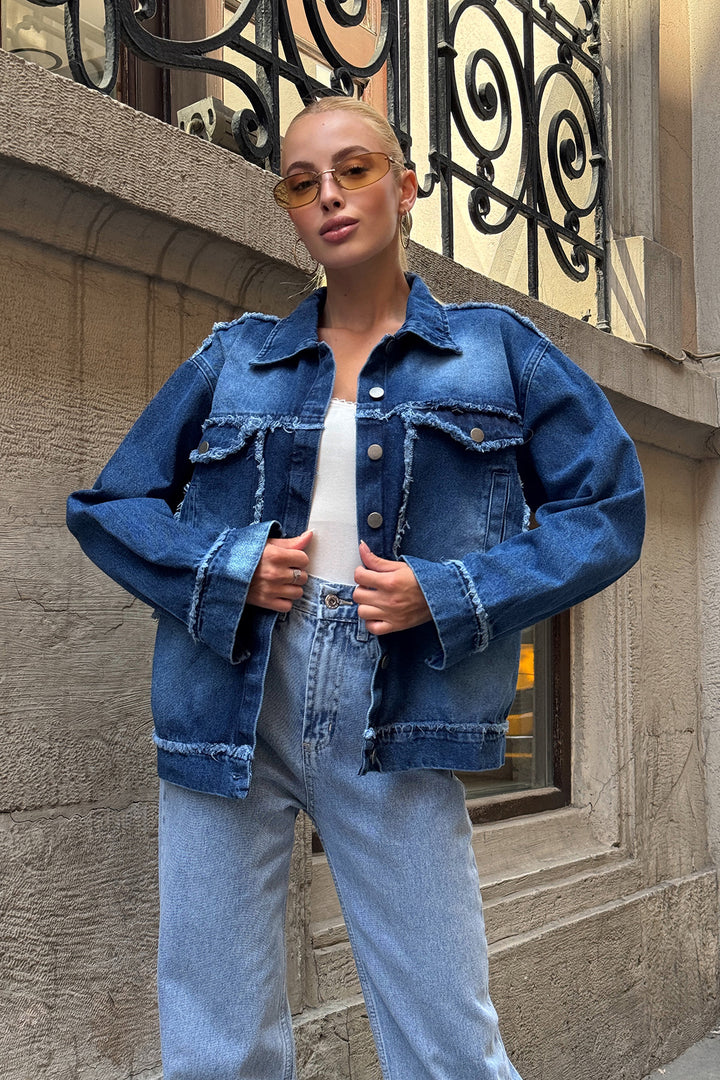 Blue Double Pocket Fringed Distressed Denim Jacket BCHESQ-251151 - Amersfoort
