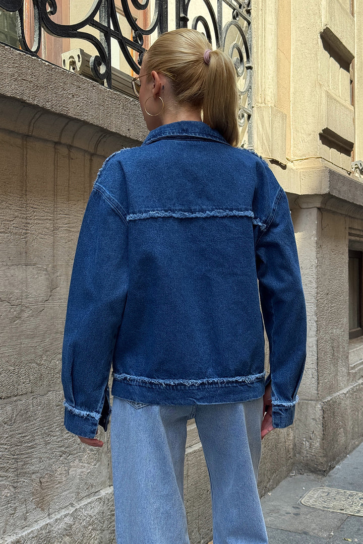 Blue Double Pocket Fringed Distressed Denim Jacket BCHESQ-251151 - Amersfoort