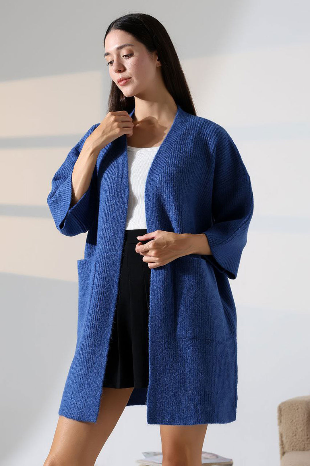 Blue Double Pocket Half Sleeve Long Knit Cardigan BCES-252019 - Civitavecchia