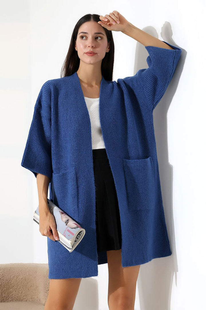 Blue Double Pocket Half Sleeve Long Knit Cardigan BCES-252019 - Civitavecchia