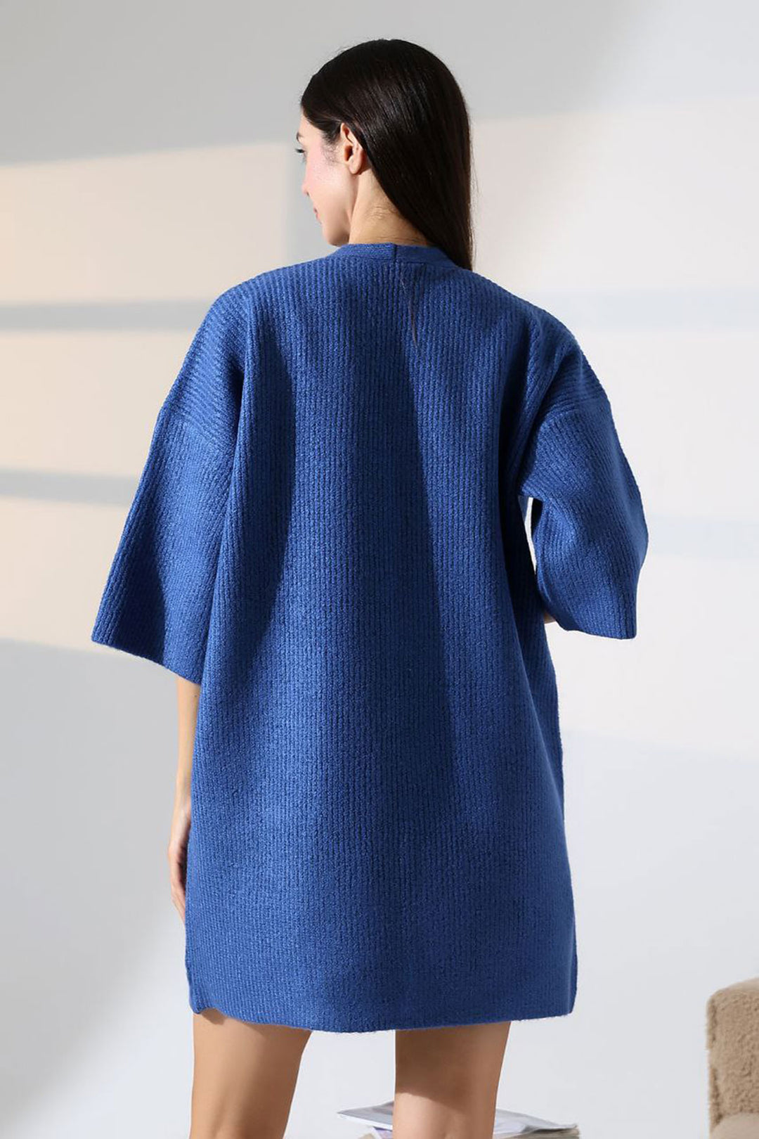 Blue Double Pocket Half Sleeve Long Knit Cardigan BCES-252019 - Civitavecchia