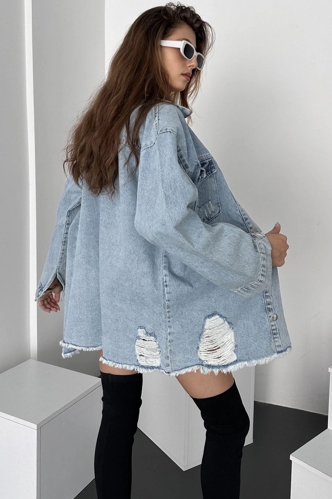 Blue Double Pocket Distressed Detail Oversized Shirt Jacket BCDF-245414 - Wheaton