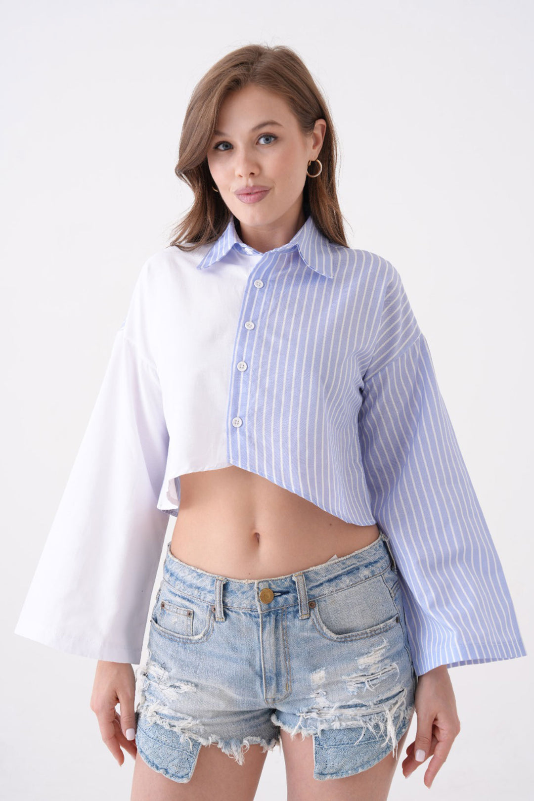 Blue Striped Block Wide Sleeve Crop Woven Shirt BCPK-2510005 BCPK-2510005 - Rancho Santa Margarita