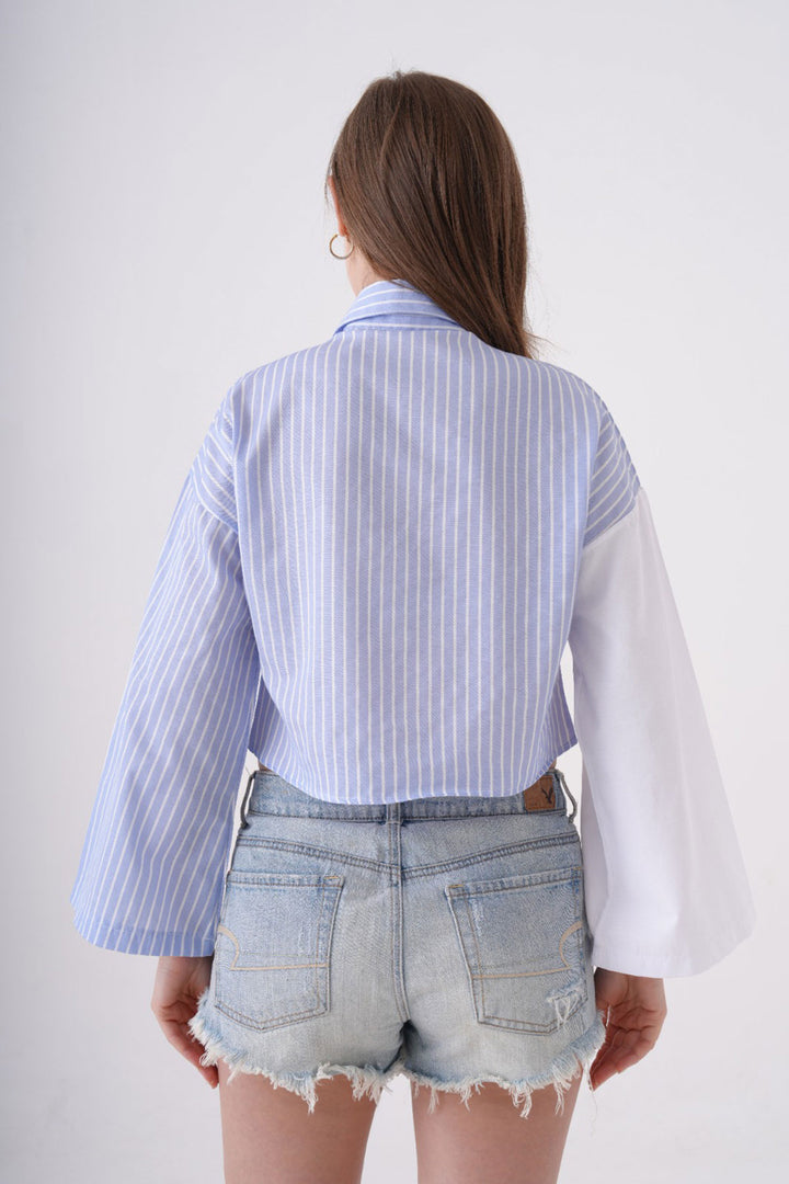 Blue Striped Block Wide Sleeve Crop Woven Shirt BCPK-2510005 BCPK-2510005 - Rancho Santa Margarita