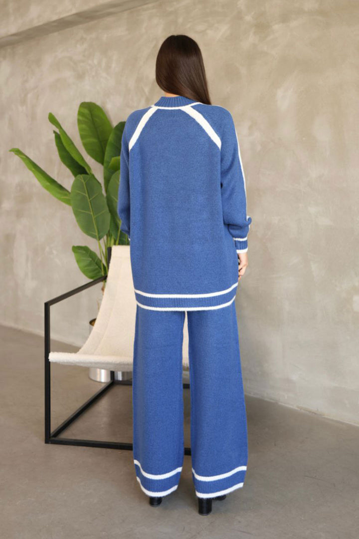 Blue Line Detailed Bicycle Collar Tunic and Wide Leg Knit Top Set BCES-252030 - Rende