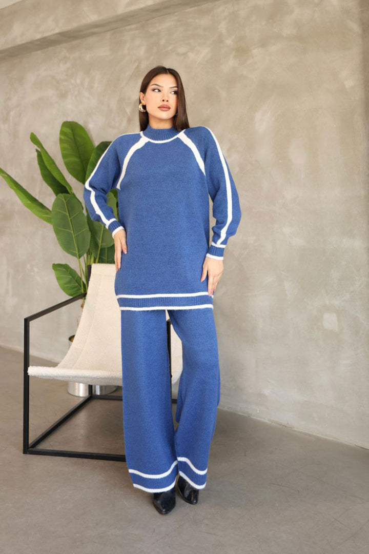 Blue Line Detailed Bicycle Collar Tunic and Wide Leg Knit Top Set BCES-252030 - Rende
