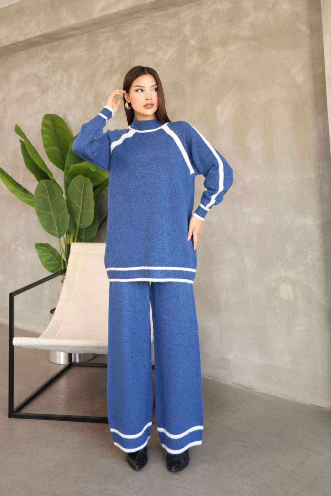 Blue Line Detailed Bicycle Collar Tunic and Wide Leg Knit Top Set BCES-252030 - Rende