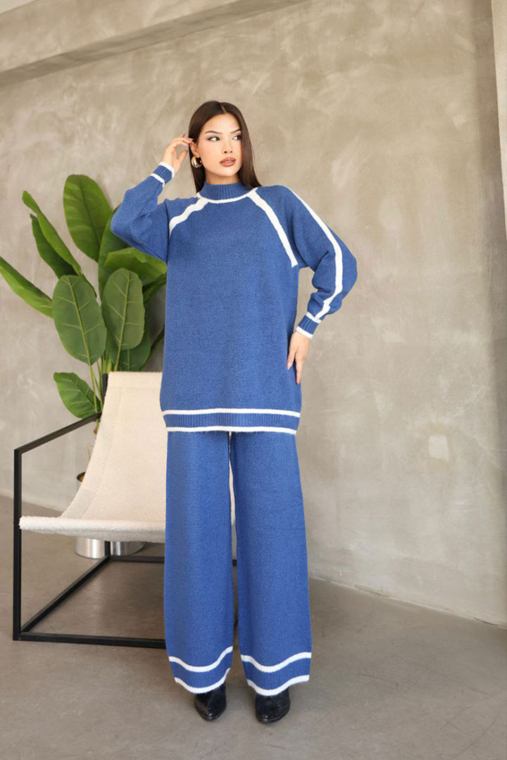 Blue Line Detailed Bicycle Collar Tunic and Wide Leg Knit Top Set BCES-252030 - Rende