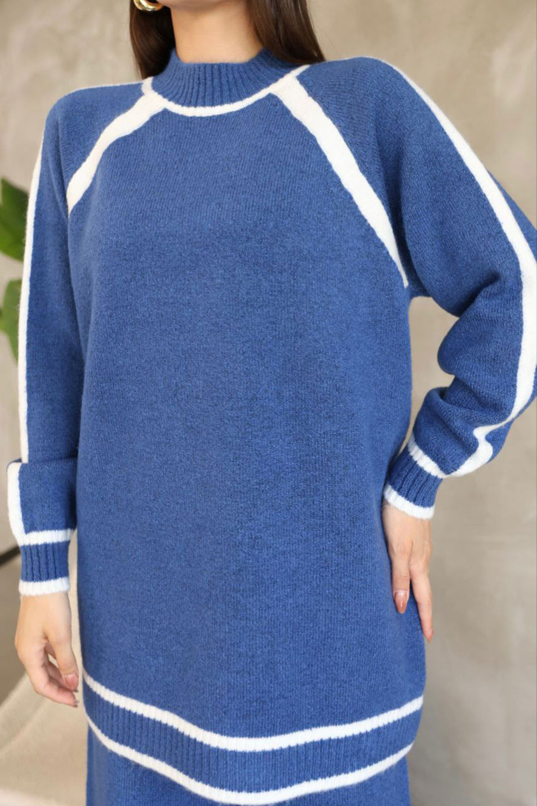 Blue Line Detailed Bicycle Collar Tunic and Wide Leg Knit Top Set BCES-252030 - Rende