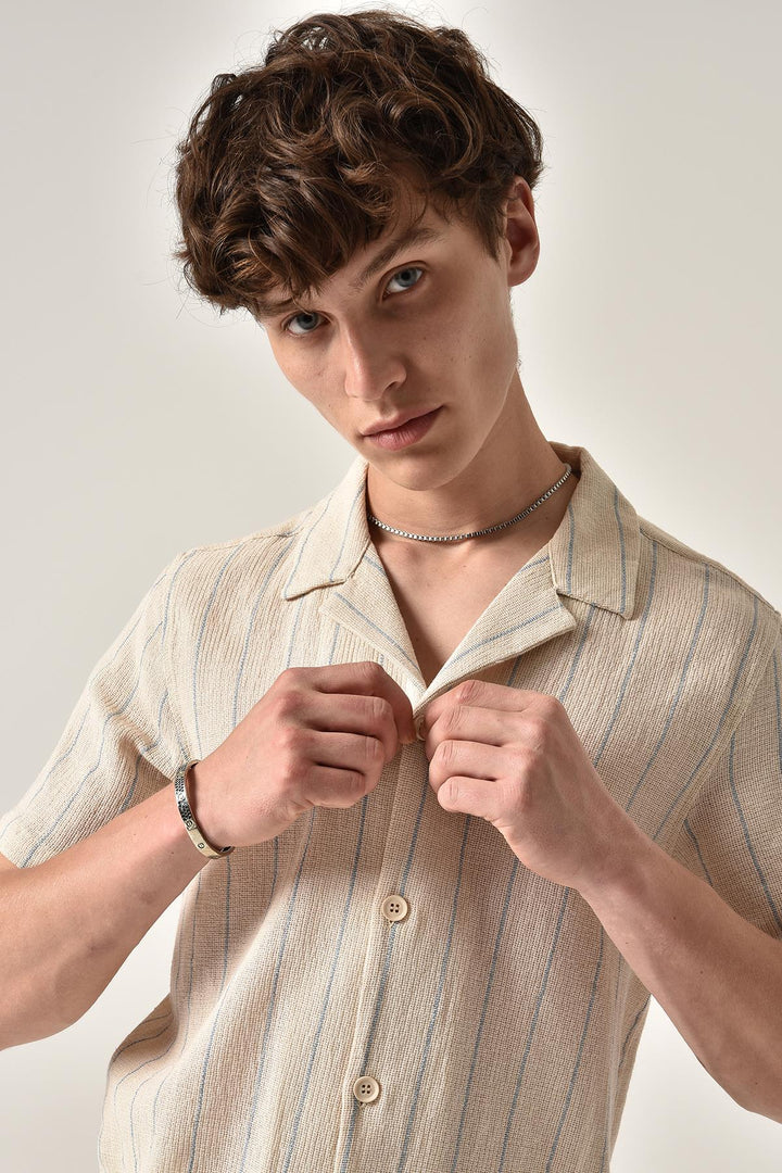 ANT Antioch Blue Striped Mandarin Collar Short Sleeve Linen Shirt - West Valley City