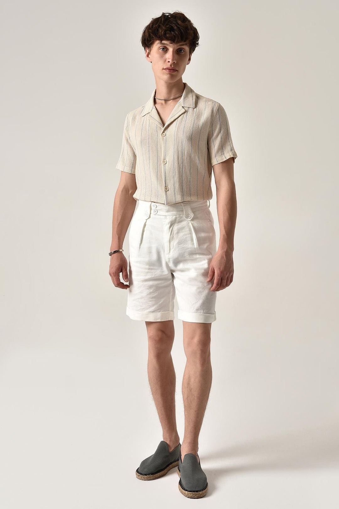 ANT Antioch Blue Striped Mandarin Collar Short Sleeve Linen Shirt - West Valley City