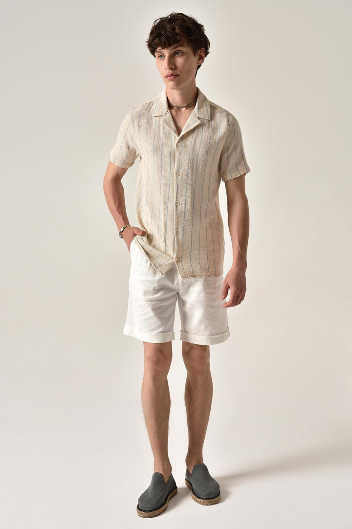 ANT Antioch Blue Striped Mandarin Collar Short Sleeve Linen Shirt - West Valley City